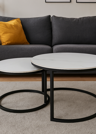 Vireo Round Nesting Tables – White Marble Top with Black Metal Frame (Set of 2) - Orient Furniture Palace