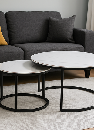 Vireo Round Nesting Tables – White Marble Top with Black Metal Frame (Set of 2) - Orient Furniture Palace