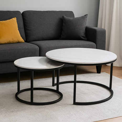 Vireo Round Nesting Tables – White Marble Top with Black Metal Frame (Set of 2) - Orient Furniture Palace