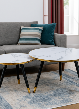 Aurelia Marble Nesting Tables – White Top with Gold Rim & Black Legs (Set of 2) - Orient Furniture Palace