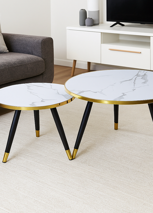 Aurelia Marble Nesting Tables – White Top with Gold Rim & Black Legs (Set of 2) - Orient Furniture Palace