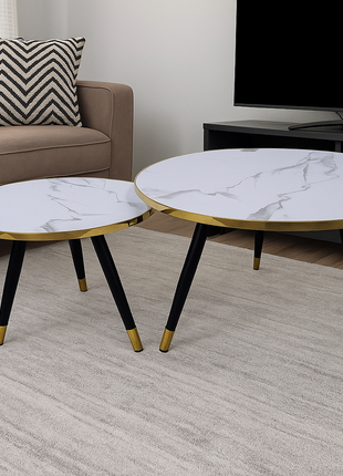 Aurelia Marble Nesting Tables – White Top with Gold Rim & Black Legs (Set of 2) - Orient Furniture Palace