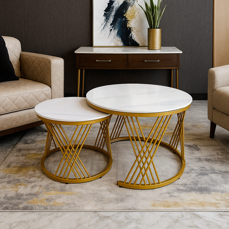 Vienna Luxe Nesting Tables – White Marble Top with Golden Crisscross Base (Set of 2)