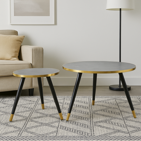 Oslo Modern Nesting Tables – Grey Stone Top with Matte Black Legs & Gold Accents (Set of 2)