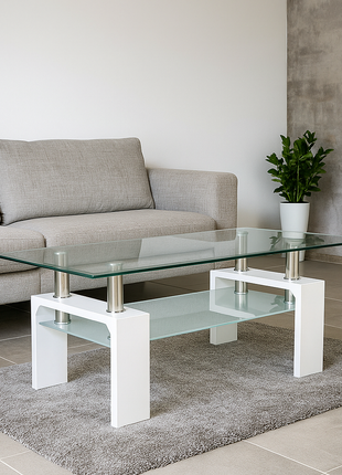 Valencia Modern Glass Center Table – Clear Tempered Glass with White Base - Orient Furniture Palace