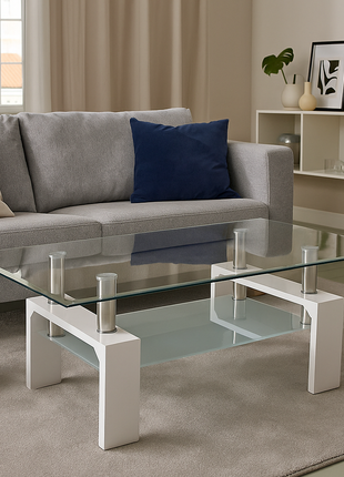 Valencia Modern Glass Center Table – Clear Tempered Glass with White Base - Orient Furniture Palace