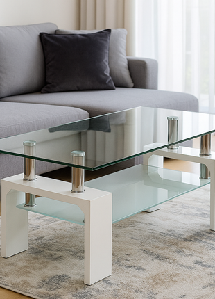 Valencia Modern Glass Center Table – Clear Tempered Glass with White Base - Orient Furniture Palace