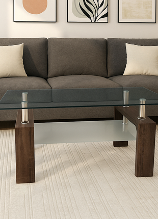 Siena Modern Glass Center Table – Walnut Finish Base with Tempered Glass