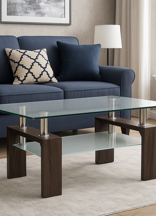 Siena Modern Glass Center Table – Walnut Finish Base with Tempered Glass