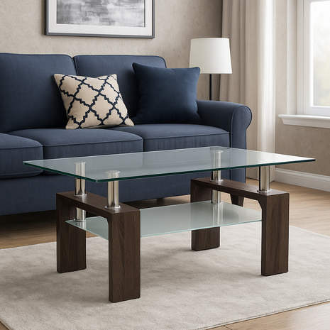Siena Modern Glass Center Table – Walnut Finish Base with Tempered Glass