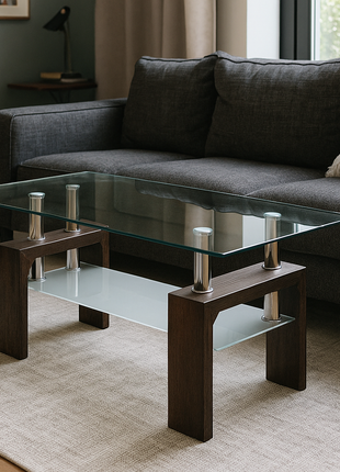 Siena Modern Glass Center Table – Walnut Finish Base with Tempered Glass