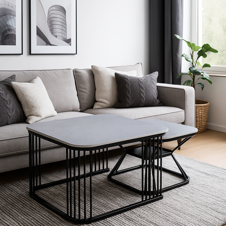 Oslo Nesting Center Table Set – Matte Grey Top with Black Metal Base