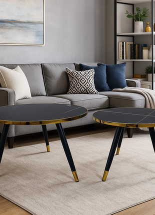 Monaco Twin Table Set – Black Marble Top with Gold Trim and Legs - Orient Furniture Palace