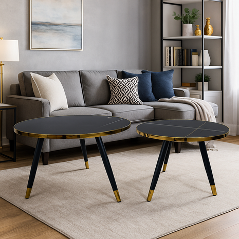 Monaco Twin Table Set – Black Marble Top with Gold Trim and Legs