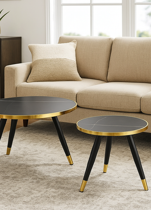 Monaco Twin Table Set – Black Marble Top with Gold Trim and Legs - Orient Furniture Palace