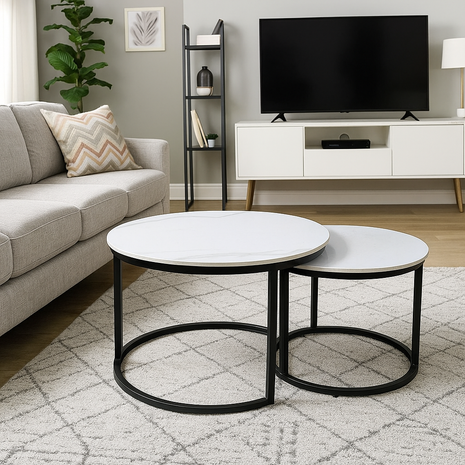 Oslo Nesting Coffee Table Set – White Marble Top with Black Frame