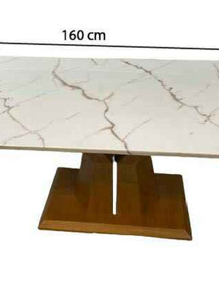 Rectangular White Marble Dining Table with Geometric Wooden Base – Modern Classic Elegance