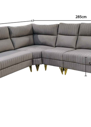Modern Grey L-Shape Sofa with Vertical Tufting & Gold Legs – Spacious Corner Sectional
