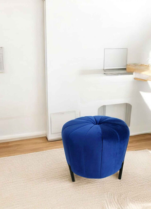 Luxury Velvet Round Ottoman Pouffe - Royal Blue | Modern Accent Stool with Black Metal Legs