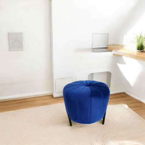 Luxury Velvet Round Ottoman Pouffe - Royal Blue | Modern Accent Stool with Black Metal Legs