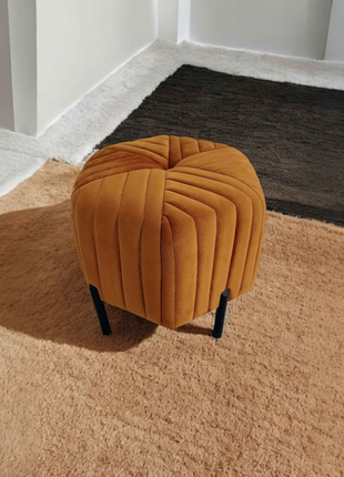 Modern Velvet Square Ottoman Pouffe - Mustard Yellow | Tufted Accent Stool with Black Metal Legs