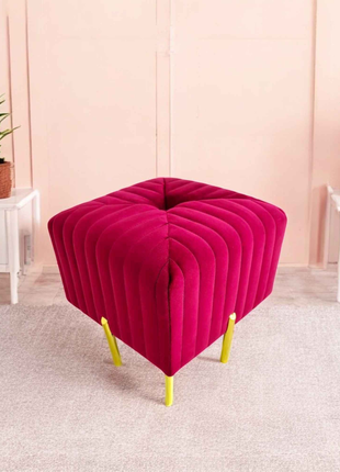 Square Red Velvet Ottoman with Gold Legs – Modern Tufted Accent Stool