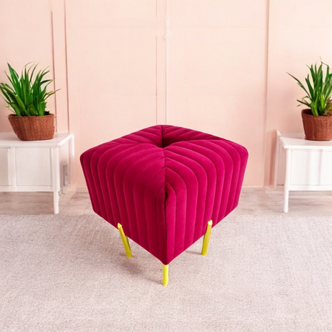 Square Red Velvet Ottoman with Gold Legs – Modern Tufted Accent Stool