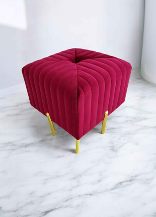 Luxury Velvet Square Ottoman Pouffe in Fuchsia Pink | Modern Accent Stool with Gold Legs