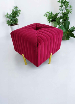 Luxury Velvet Square Ottoman Pouffe in Fuchsia Pink | Modern Accent Stool with Gold Legs