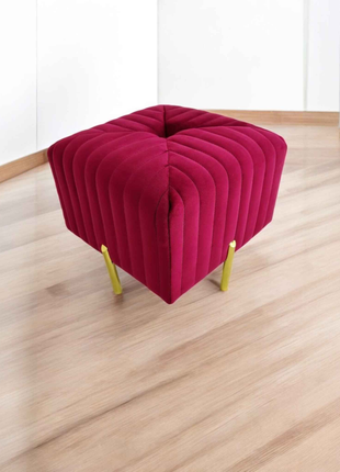 Luxury Velvet Square Ottoman Pouffe in Fuchsia Pink | Modern Accent Stool with Gold Legs