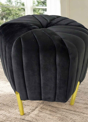 Luxury Black Velvet Round Ottoman Pouffe | Modern Glam Accent Stool with Gold Legs
