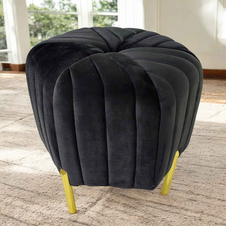 Luxury Black Velvet Round Ottoman Pouffe | Modern Glam Accent Stool with Gold Legs