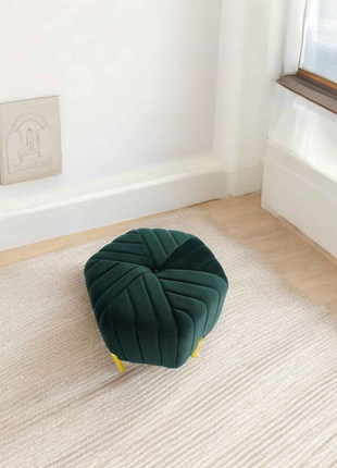 Emerald Green Velvet Round Ottoman Pouffe | Glam Accent Stool with Gold Legs