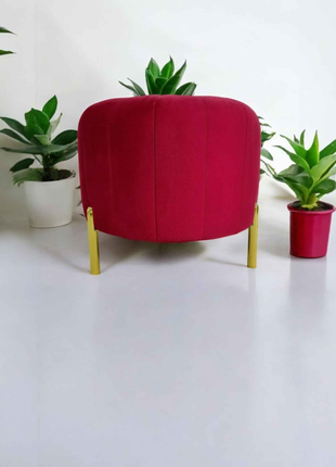 Ruby Red Velvet Round Ottoman Pouffe | Modern Accent Stool with Gold Legs