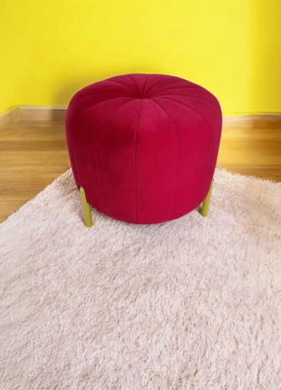Ruby Red Velvet Round Ottoman Pouffe | Modern Accent Stool with Gold Legs