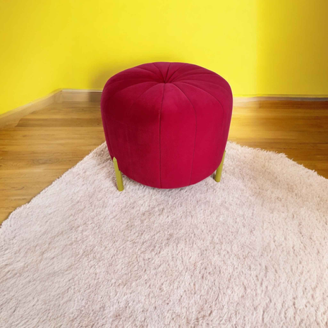Ruby Red Velvet Round Ottoman Pouffe | Modern Accent Stool with Gold Legs