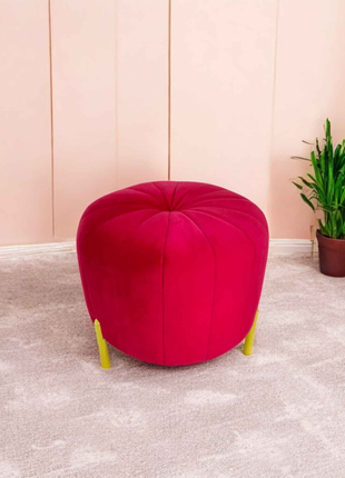Red Velvet Ottoman with Gold Legs – Luxury Round Accent Stool for Modern Interiors