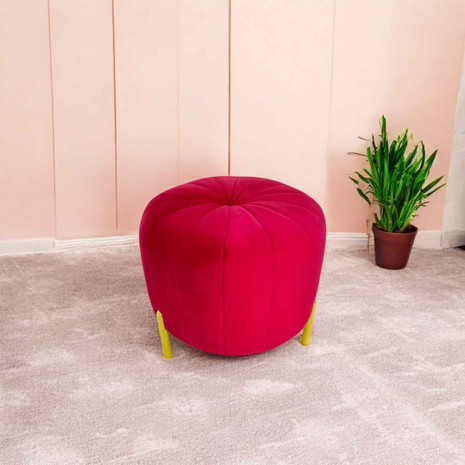 Red Velvet Ottoman with Gold Legs – Luxury Round Accent Stool for Modern Interiors