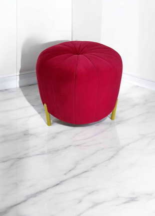 Ruby Red Velvet Round Ottoman Pouffe | Modern Accent Stool with Gold Legs