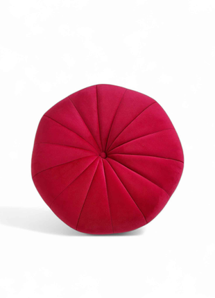 Ruby Red Velvet Round Ottoman Pouffe | Modern Accent Stool with Gold Legs