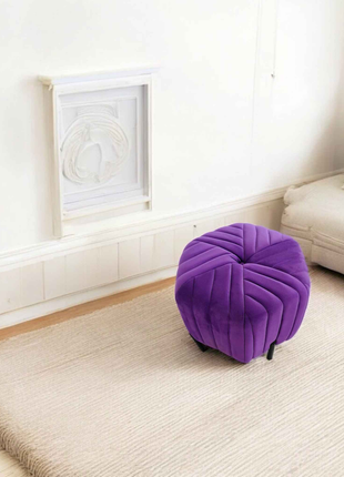 Royal Purple Velvet Round Ottoman Pouffe | Contemporary Accent Stool with Black Metal Legs