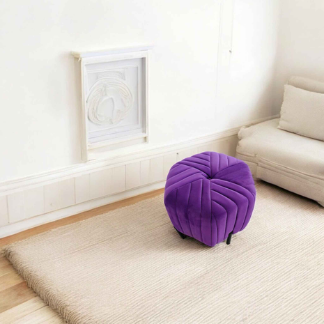 Royal Purple Velvet Round Ottoman Pouffe | Contemporary Accent Stool with Black Metal Legs