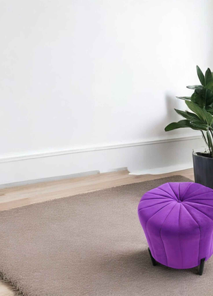 Royal Purple Velvet Round Ottoman Pouffe | Contemporary Accent Stool with Black Metal Legs