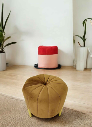 Luxury Brown Velvet Round Ottoman Pouffe | Golden Metal Leg Accent Stool for Modern Interiors