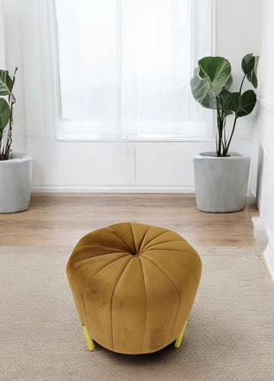 Luxury Brown Velvet Round Ottoman Pouffe | Golden Metal Leg Accent Stool for Modern Interiors
