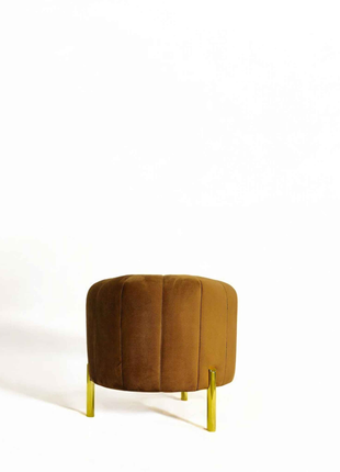 Luxury Brown Velvet Round Ottoman Pouffe | Golden Metal Leg Accent Stool for Modern Interiors