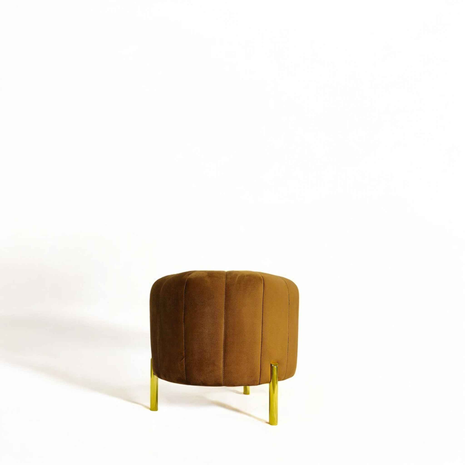 Luxury Brown Velvet Round Ottoman Pouffe | Golden Metal Leg Accent Stool for Modern Interiors