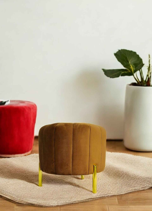 Luxury Brown Velvet Round Ottoman Pouffe | Golden Metal Leg Accent Stool for Modern Interiors