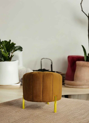 Luxury Brown Velvet Round Ottoman Pouffe | Golden Metal Leg Accent Stool for Modern Interiors