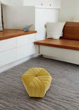 Modern Yellow Velvet Ottoman Pouffe | Black Metal Legs | Accent Stool for Contemporary Spaces